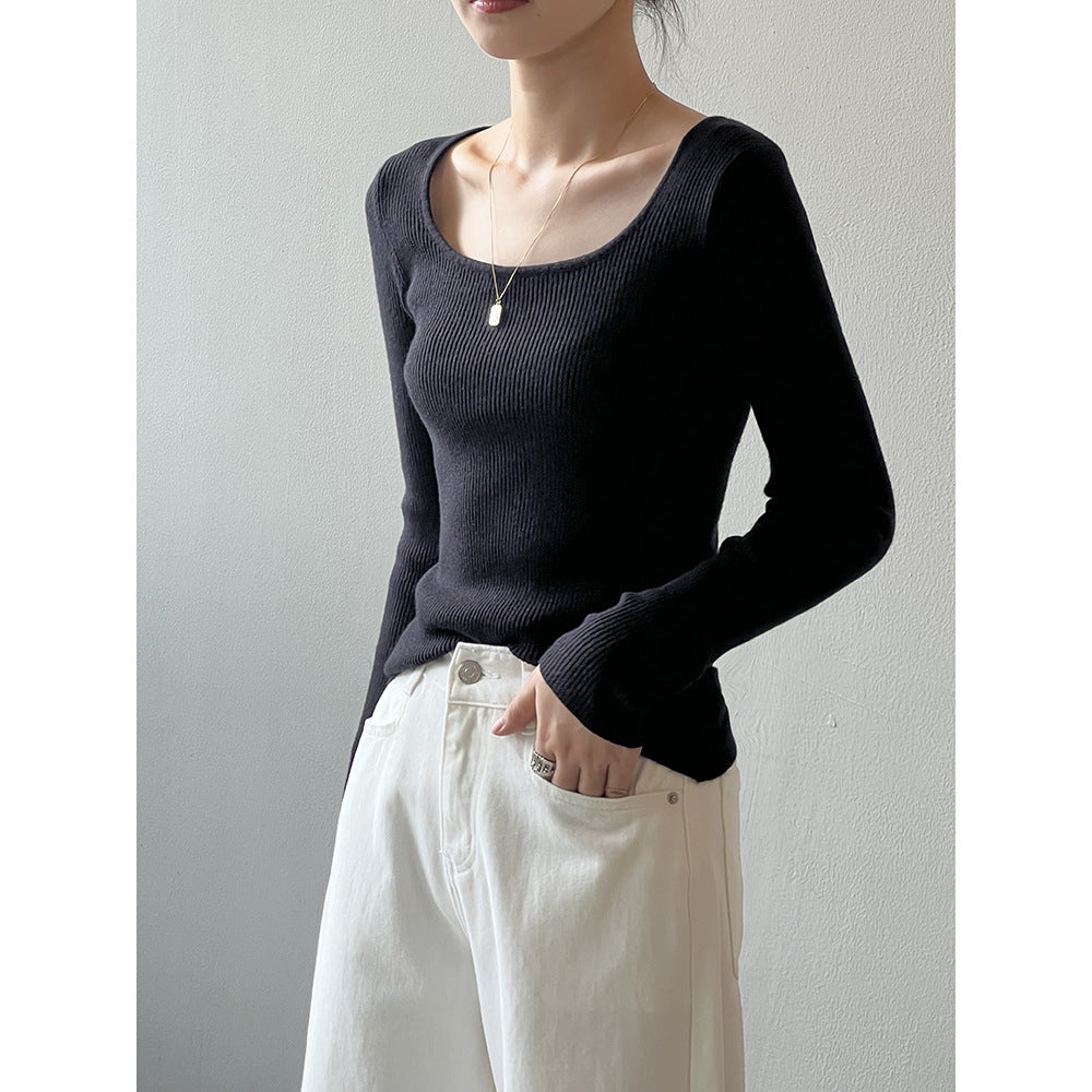 【骨格ストレート】オープンネックフィットニットトップス