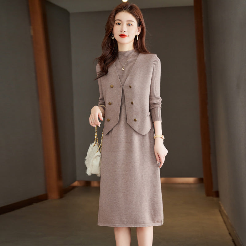 【骨格ストレート】ベスト付きIラインシルエットニットワンピース