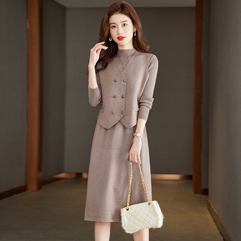 【骨格ストレート】ベスト付きIラインシルエットニットワンピース