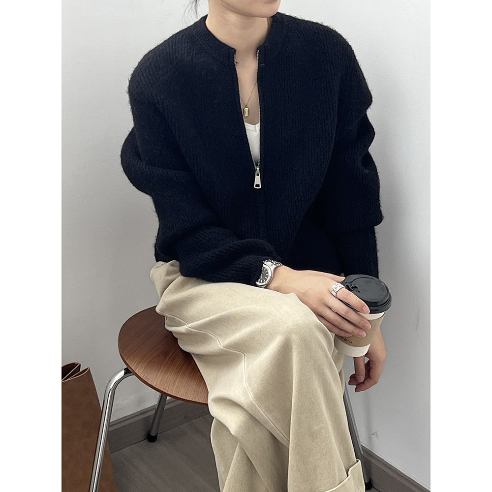 【骨格ストレート】ラウンドネックジッパーカーディガン