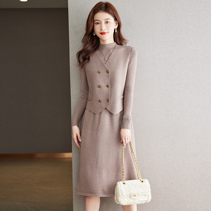 【骨格ストレート】ベスト付きIラインシルエットニットワンピース
