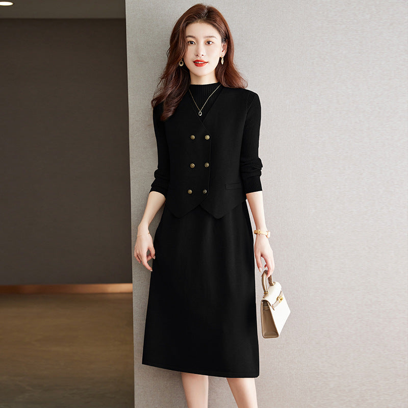 【骨格ストレート】ベスト付きIラインシルエットニットワンピース