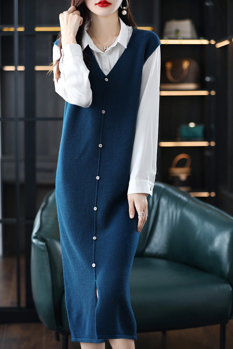 【骨格ストレート】Vネックニットベストワンピース