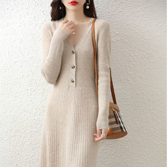 【骨格ストレート】Vネックスタイルアップニットワンピース