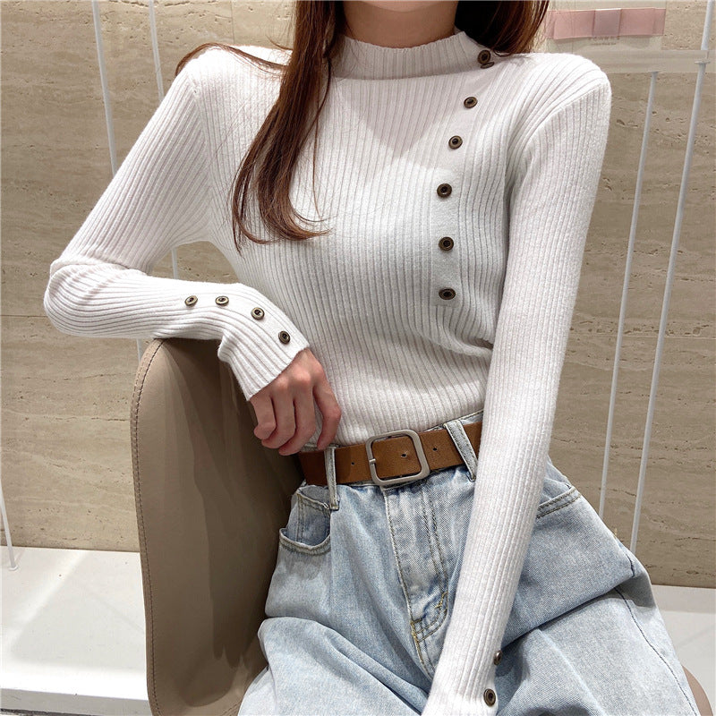 【骨格ストレート】ボタンデザインニットトップス
