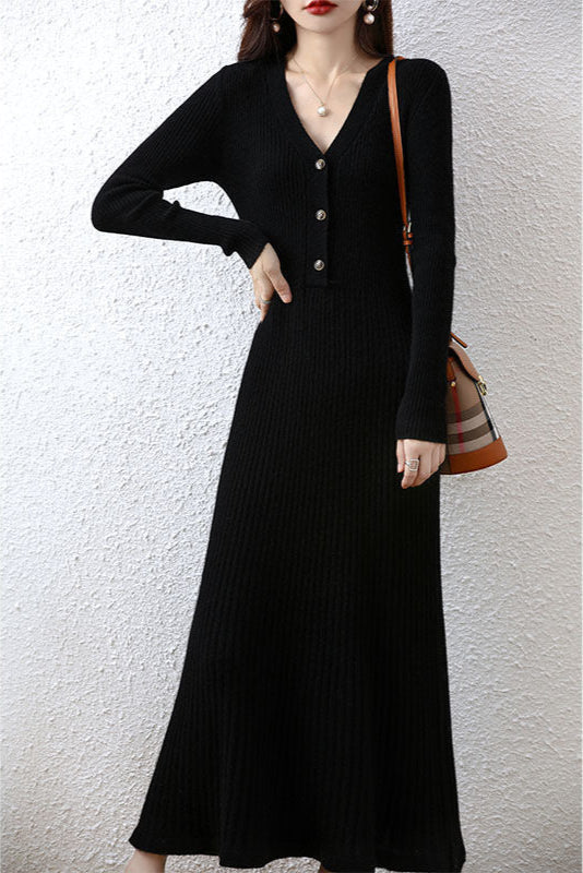【骨格ストレート】Vネックスタイルアップニットワンピース