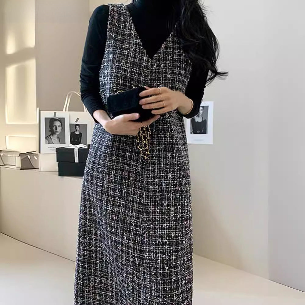 【骨格ストレート】Vネックツイードスタイルアップワンピース