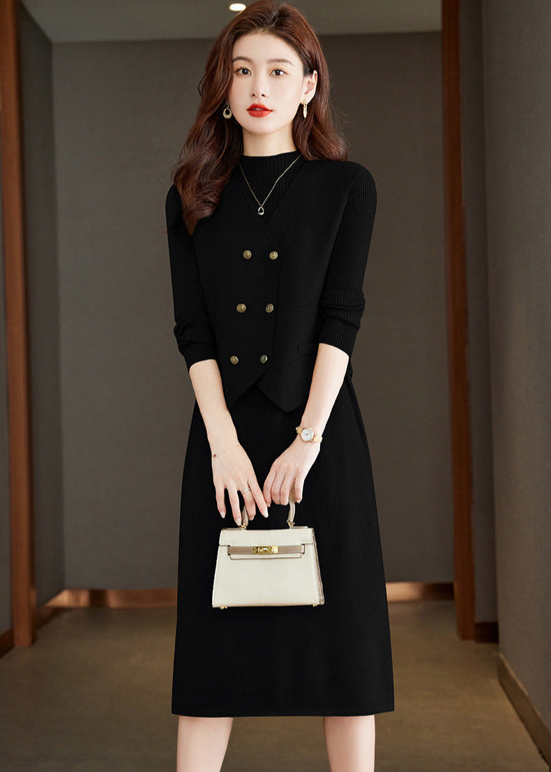 【骨格ストレート】ベスト付きIラインシルエットニットワンピース